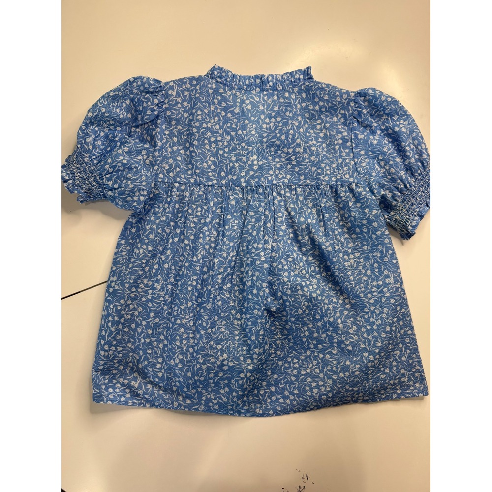 THML Blue Floral Embroidered V-Neck Blouse Puff Sleeve Top Small - Picture 3 of 9